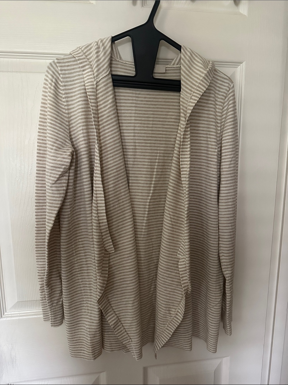 LOFT - Hooded Open-Front Striped Cardigan in Cream and Tan - Size Small